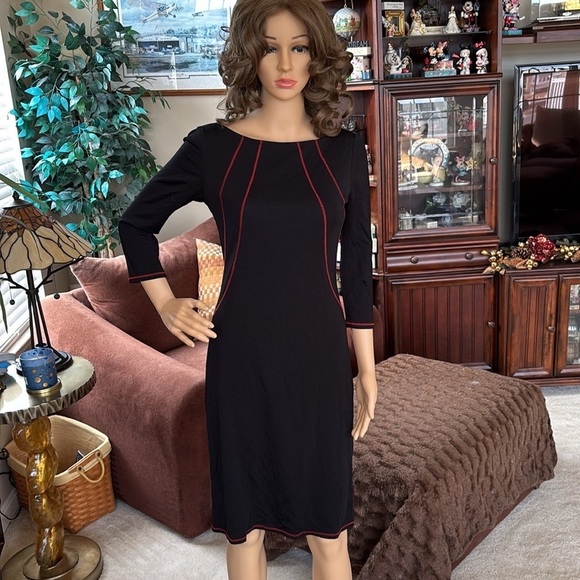 David Meister Black A-Line Shift Dress w/ Red Accent Stitching Boat Neck Office - Picture 16 of 16